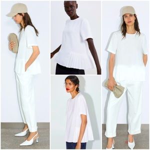 Zara- White Pleated Short Sleeve- Size Medium-Light Weight